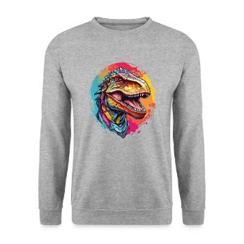 Buntes Tyrannosaurus Rex Portrait - Unisex Pullover - Weißgrau meliert - Vorne - Alina (178cm) & Michal (187cm)