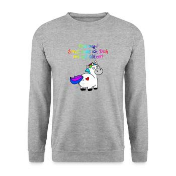 Einhorn Glitzer Pups | Einhornpups - Unisex Pullover - Weißgrau meliert - Vorne - Alina (178cm) & Michal (187cm)