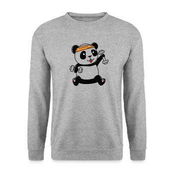 Pandabär trainiert mit Hanteln - Unisex Pullover - Weißgrau meliert - Vorne - Alina (178cm) & Michal (187cm)