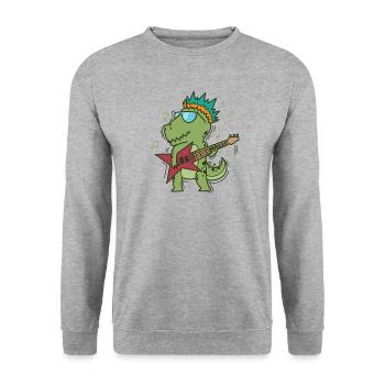 Kleiner T-Rex Dino spielt Rockgitarre - Unisex Pullover - Weißgrau meliert - Vorne - Alina (178cm) & Michal (187cm)