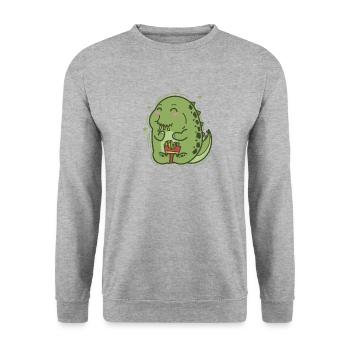 kleiner Dino liebt Pommes Dinosaurier - Unisex Pullover - Weißgrau meliert - Vorne - Alina (178cm) & Michal (187cm)