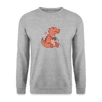 kleiner T-Rex Dino mit Controller Reptil - Unisex Pullover - Weißgrau meliert - Vorne - Alina (178cm) & Michal (187cm)