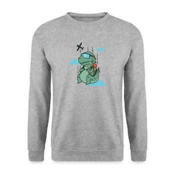 Dino beim Fallschirmsprung Dinosaurier - Unisex Pullover - Weißgrau meliert - Vorne - Alina (178cm) & Michal (187cm)