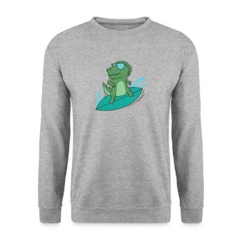 Dino surft cool Dinosaurier Reptil Tier - Unisex Pullover - Weißgrau meliert - Vorne - Alina (178cm) & Michal (187cm)