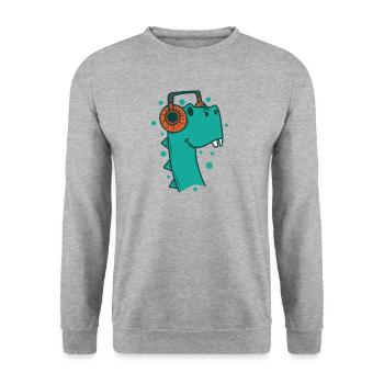 Dino hört Musik mit Kopfhörer Dinosaurier - Unisex Pullover - Weißgrau meliert - Vorne - Alina (178cm) & Michal (187cm)
