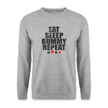 Eat sleep Rummy repeat card game Romme - Unisex Sweatshirt - salt & pepper - Front - Alina (178cm) & Michal (187cm)
