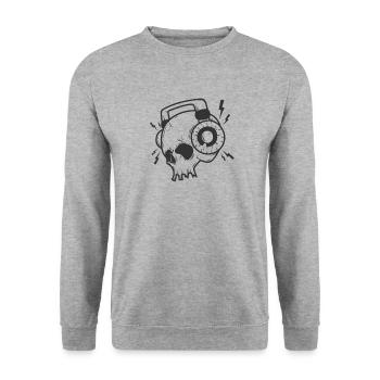 Knochenschädel mit Kopfhörer Rockmusik - Unisex Pullover - Weißgrau meliert - Vorne - Alina (178cm) & Michal (187cm)
