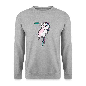 Einhorn mit Frisbee Fabelwesen Sport - Unisex Pullover - Weißgrau meliert - Vorne - Alina (178cm) & Michal (187cm)