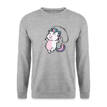 Einhorn springt Seil Fabelwesen Sport - Unisex Pullover - Weißgrau meliert - Vorne - Alina (178cm) & Michal (187cm)