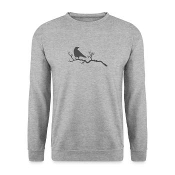 Rabe auf einem Ast Krähe Vogel Tier - Unisex Pullover - Weißgrau meliert - Vorne - Alina (178cm) & Michal (187cm)