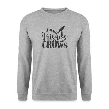I make Friends with Crows Krähe Rabe Vogel - Unisex Pullover - Weißgrau meliert - Vorne - Alina (178cm) & Michal (187cm)
