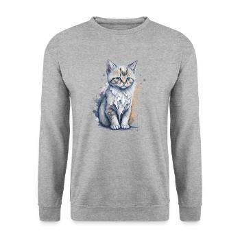 Aquarellmalerei eines niedlichen Kätzchens - Unisex Pullover - Weißgrau meliert - Vorne - Alina (178cm) & Michal (187cm)