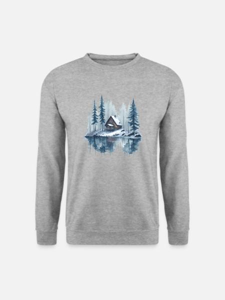 Aquarell Verschneite Landschaft mit Hütte am See - Unisex Pullover - Weißgrau meliert