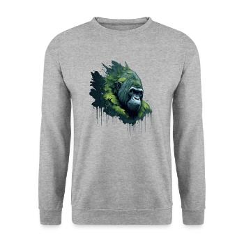 Aquarell Gorilla mit Blättern - Unisex Pullover - Weißgrau meliert - Vorne - Alina (178cm) & Michal (187cm)