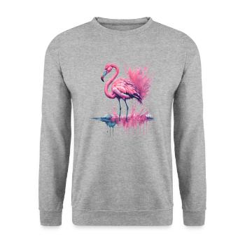 Lebendiges Aquarell Flamingo im Wasser stehend - Unisex Pullover - Weißgrau meliert - Vorne - Alina (178cm) & Michal (187cm)