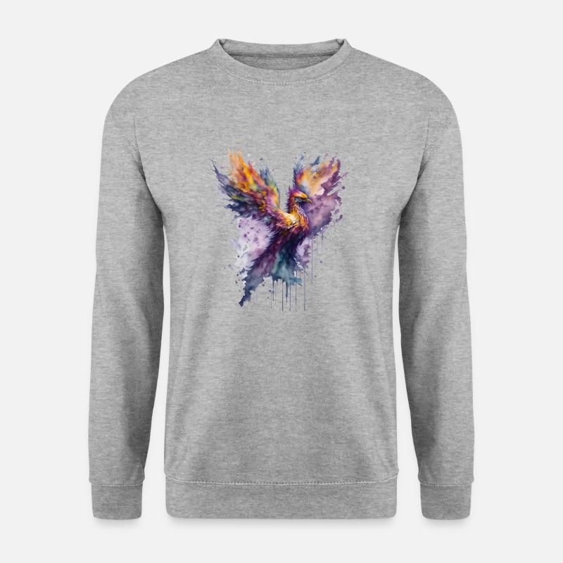 Mystisches Feuer: Aquarell Phönix Vogel - Unisex Pullover - Weißgrau meliert