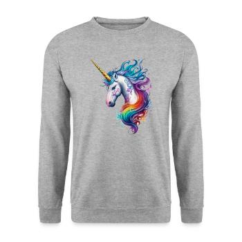 Rainbow Dreams: Einhornkopf mit bunten Haaren - Unisex Pullover - Weißgrau meliert - Vorne - Alina (178cm) & Michal (187cm)