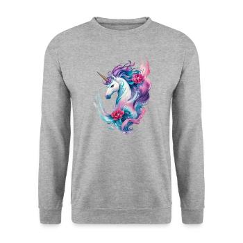 Blumige Verzauberung: Einhorn in Wasserwellen spritzt - Unisex Pullover - Weißgrau meliert - Vorne - Alina (178cm) & Michal (187cm)
