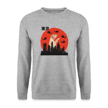 Labradorzilla Dackel in Tokyo - Unisex Pullover - Weißgrau meliert - Vorne - Alina (178cm) & Michal (187cm)