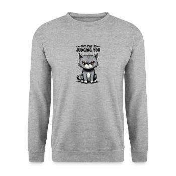 Meine Katze verurteilt dich: Grumpy Tabby - Unisex Pullover - Weißgrau meliert - Vorne - Alina (178cm) & Michal (187cm)