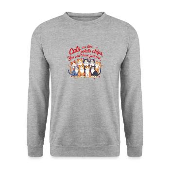 Katzen sind wie Kartoffelchips: Humorvoller Katzenliebhaber - Unisex Pullover - Weißgrau meliert - Vorne - Alina (178cm) & Michal (187cm)