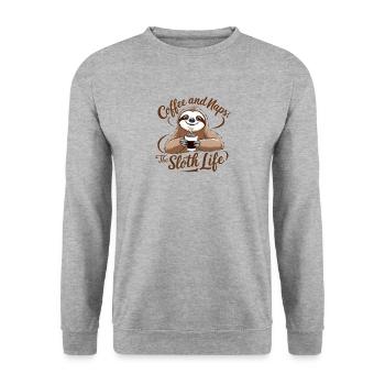 Kaffee und Nickerchen: Das Leben der Faultiere - Unisex Pullover - Weißgrau meliert - Vorne - Alina (178cm) & Michal (187cm)