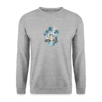 Ruhige tropische Gewässer: Aquarell-Palmenwald - Unisex Pullover - Weißgrau meliert - Vorne - Alina (178cm) & Michal (187cm)