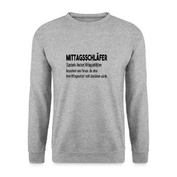 Lustiges Mittagsschlaf Mittagschläfer Geschenk - Unisex Pullover - Weißgrau meliert - Vorne - Alina (178cm) & Michal (187cm)