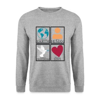 Geburtsort Erde Mensch Freiheit Liebe Frieden - Unisex Pullover - Weißgrau meliert - Vorne - Alina (178cm) & Michal (187cm)