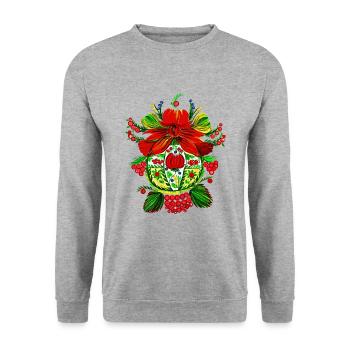 Motanka. Peinture Petrykiwka. - Sweat-shirt Unisexe - gris chiné - Devant - Alina (178cm) & Michal (187cm)