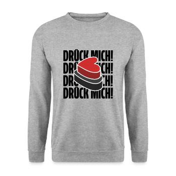 drück mich! Shirt. Lustiger Spruch - Unisex Pullover - Weißgrau meliert - Vorne - Alina (178cm) & Michal (187cm)