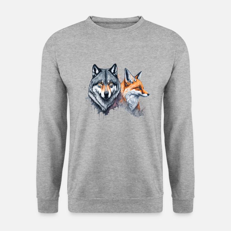Wild Harmony: Aquarell Wolf und Fuchs - Unisex Pullover - Weißgrau meliert