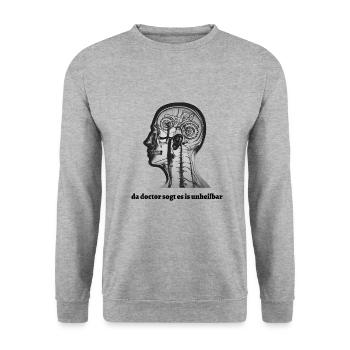 es is unheilbar... bayerischer Spruch - Unisex Pullover - Weißgrau meliert - Vorne - Alina (178cm) & Michal (187cm)
