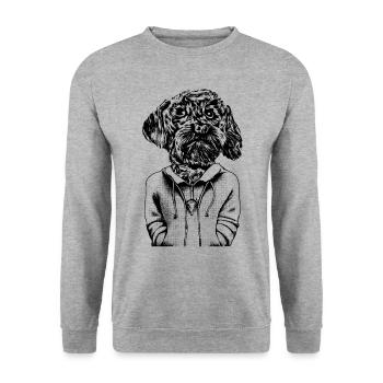 Junger Malteser Hund mit treuem Blick im Hoodie. - Unisex Pullover - Weißgrau meliert - Vorne - Alina (178cm) & Michal (187cm)
