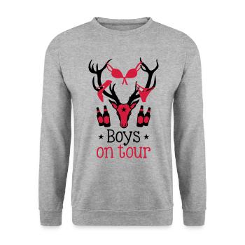 60 Macho Hirsch Geweih Boys on Tour Deer Männer - Unisex Pullover - Weißgrau meliert - Vorne - Alina (178cm) & Michal (187cm)