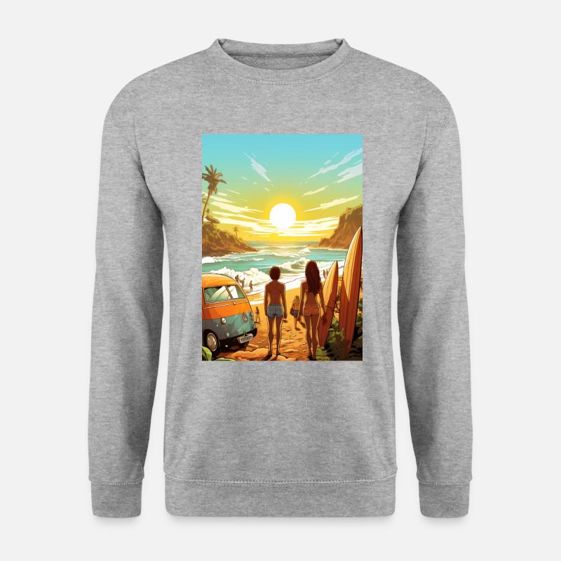 Strandszene mit Surfbrett - Unisex Pullover - Weißgrau meliert