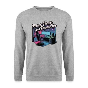 Pixels, Peace & Power-Ups – Gaming-Setup - Unisex Pullover - Weißgrau meliert - Vorne - Alina (178cm) & Michal (187cm)
