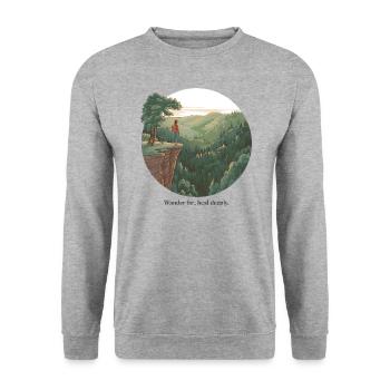 Wander Far, Heal Deeply – Hiking & Nature - Unisex Sweatshirt - salt & pepper - Front - Alina (178cm) & Michal (187cm)