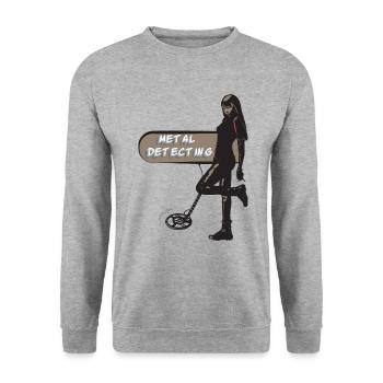 Sexy Schatzsucherin mit Metalldetektor - Unisex Pullover - Weißgrau meliert - Vorne - Alina (178cm) & Michal (187cm)