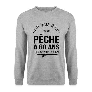 60 ans je vais à la pêche pour garder la ligne - Sweat-shirt Unisexe - gris chiné - Devant - Alina (178cm) & Michal (187cm)