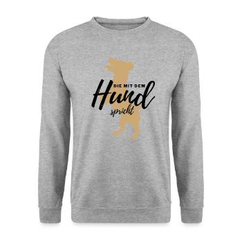 DIE MIT DEM HUND SPRICHT - Hund Hunde-Shirt - Unisex Pullover - Weißgrau meliert - Vorne - Alina (178cm) & Michal (187cm)