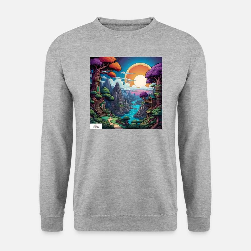 Comic-Welt Traumlandschaft - Unisex Pullover - Weißgrau meliert