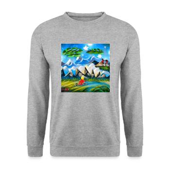 Kindheit mit dem Fahrrad in den Bergen im Urlaub - Unisex Pullover - Weißgrau meliert - Vorne - Alina (178cm) & Michal (187cm)