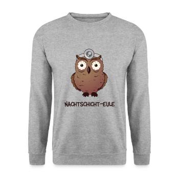 Nachtschicht Eule für Arzt, Notarzt, Chirurg, OP - Unisex Pullover - Weißgrau meliert - Vorne - Alina (178cm) & Michal (187cm)
