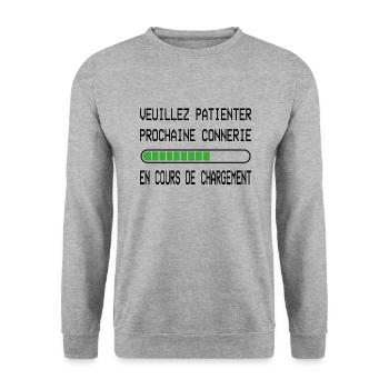 Prochaine connerie en Cours Cadeau Humour Original - Sweat-shirt Unisexe - gris chiné - Devant - Alina (178cm) & Michal (187cm)