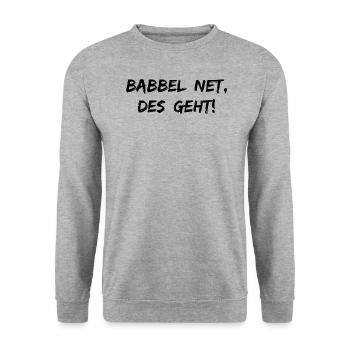 Babbel Net Des Geht | Rheinhessen Hessen Dialekt - Unisex Pullover - Weißgrau meliert - Vorne - Alina (178cm) & Michal (187cm)