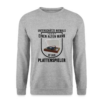 Unterschätze niemals alten Mann Plattenspieler - Unisex Pullover - Weißgrau meliert - Vorne - Alina (178cm) & Michal (187cm)