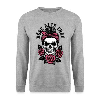 Böse alte Frau - Totenkopf - Rosen - Spruch - Unisex Pullover - Weißgrau meliert - Vorne - Alina (178cm) & Michal (187cm)