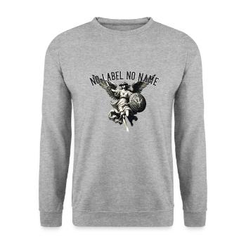 NO LABEL NO NAME Zensierter Schutzengel Kunstwerk - Unisex Pullover - Weißgrau meliert - Vorne - Alina (178cm) & Michal (187cm)