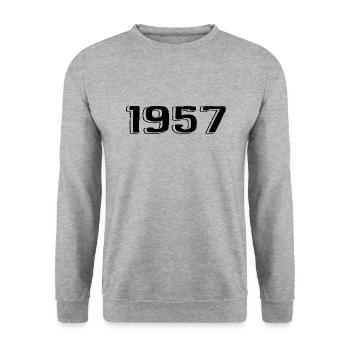 Jahrgang 1957 geboren Geburtstag Retro 1957 - Unisex Pullover - Weißgrau meliert - Vorne - Alina (178cm) & Michal (187cm)